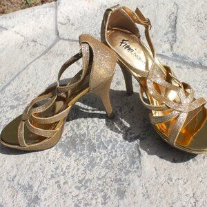 Fioni Night Gold Heels Shoes Woman Size 8 Glitter Platform Ankle Strap 5" Heel